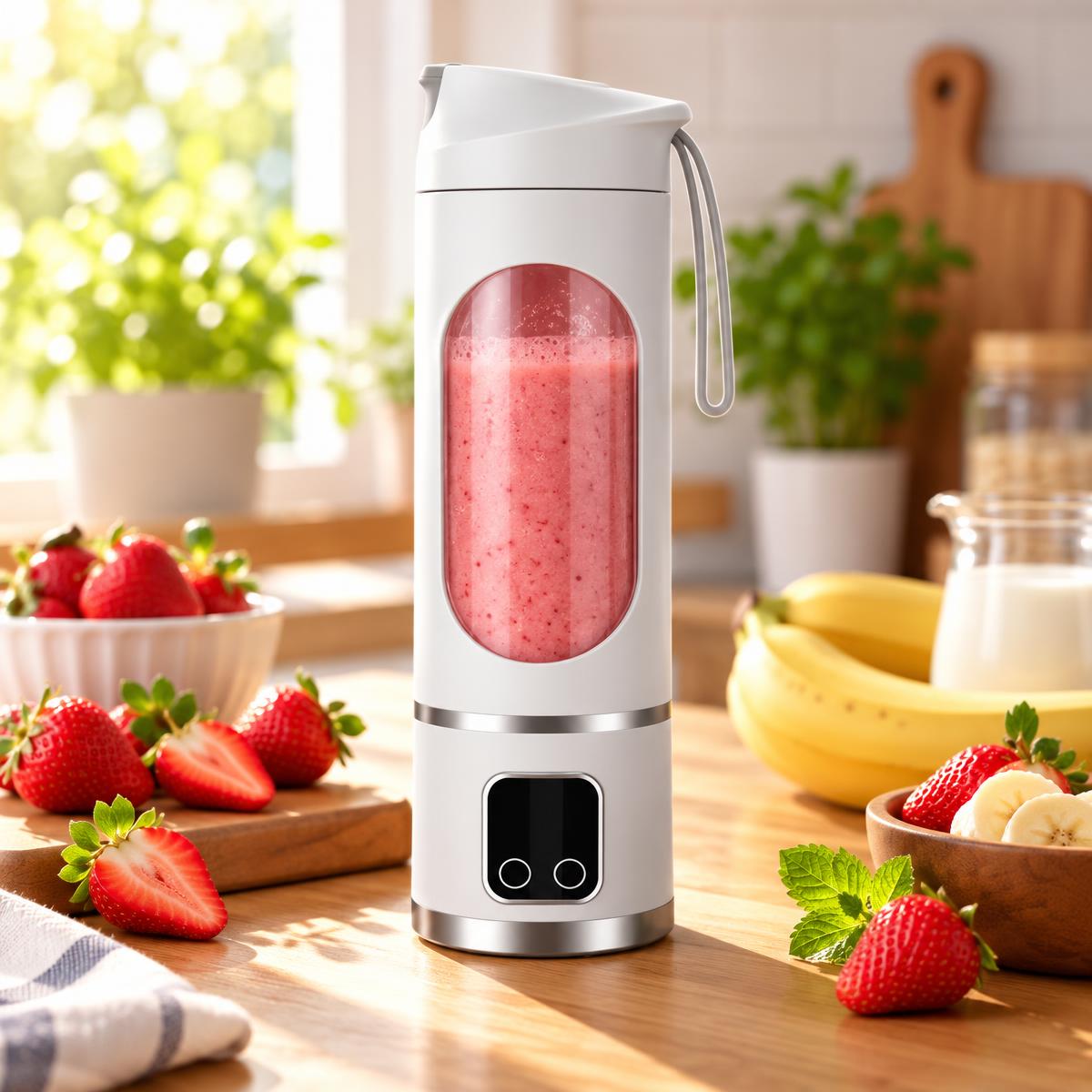 Blender FreshBlend blanc avec un smoothie fraise